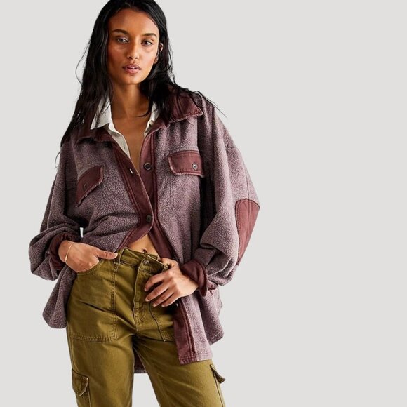 FREE PEOPLE Ruby Shacket M Oversized Shirt Jacket Distressed Date Night Buttons - Picture 2 of 12